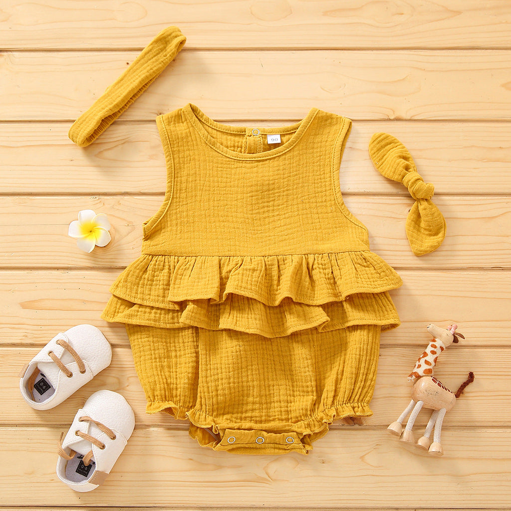 Baby Girl Solid Color Sleeveless Bodysuit With Headband Baby Sleeveless Jumpsuit - PrettyKid