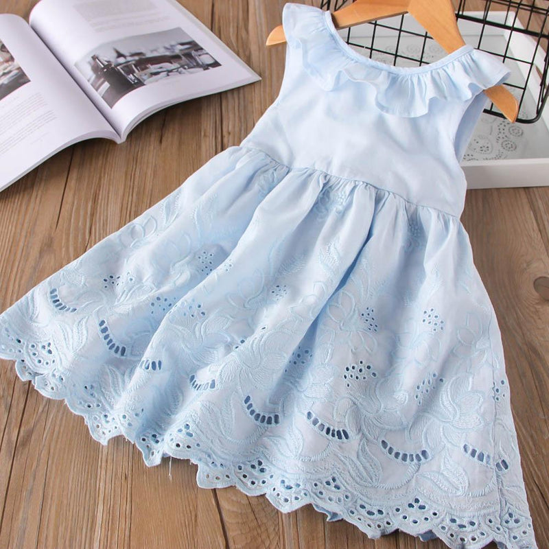 Girl's Solid Color Hollow Embroidered Dress Back V-Neck Princess Dress - PrettyKid