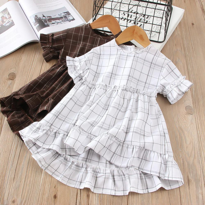 Toddler Girls Short Sleeve Pleated Plaid Dress Princess Dress - PrettyKid