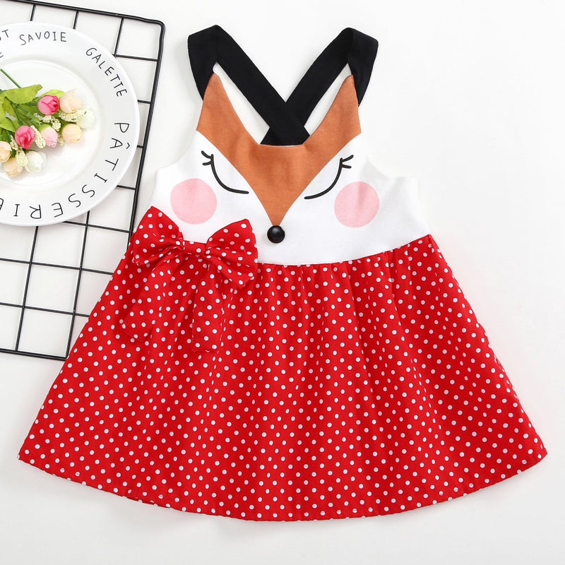 Toddler Girls Cartoon Fox Splice Suspender Bow Polka Dot Dress - PrettyKid