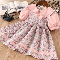 Girls Short Sleeve Floral Lapel Dress Princess Dress - PrettyKid