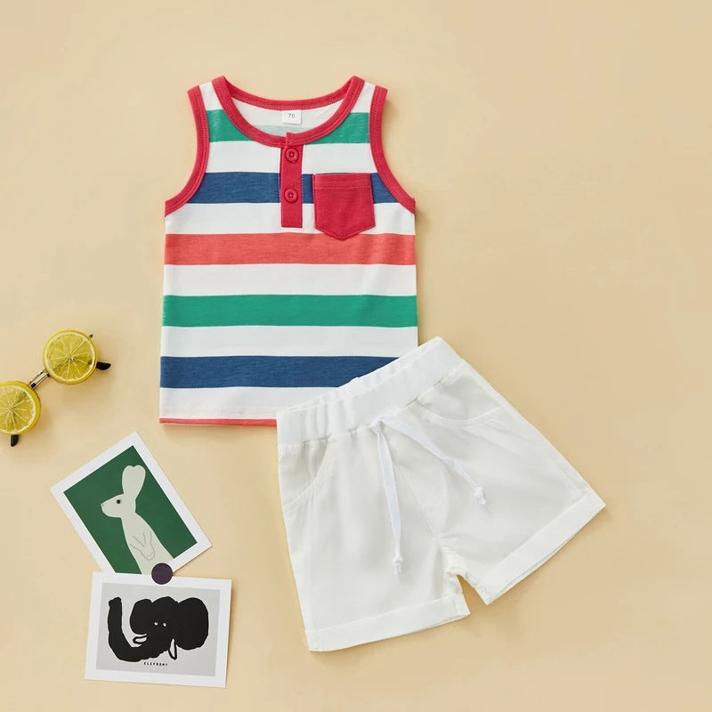 9M-3Y Baby Boys Clothes Sets Striped Hit Color Tank Top & Shorts Fashionable Boys Clothes - PrettyKid