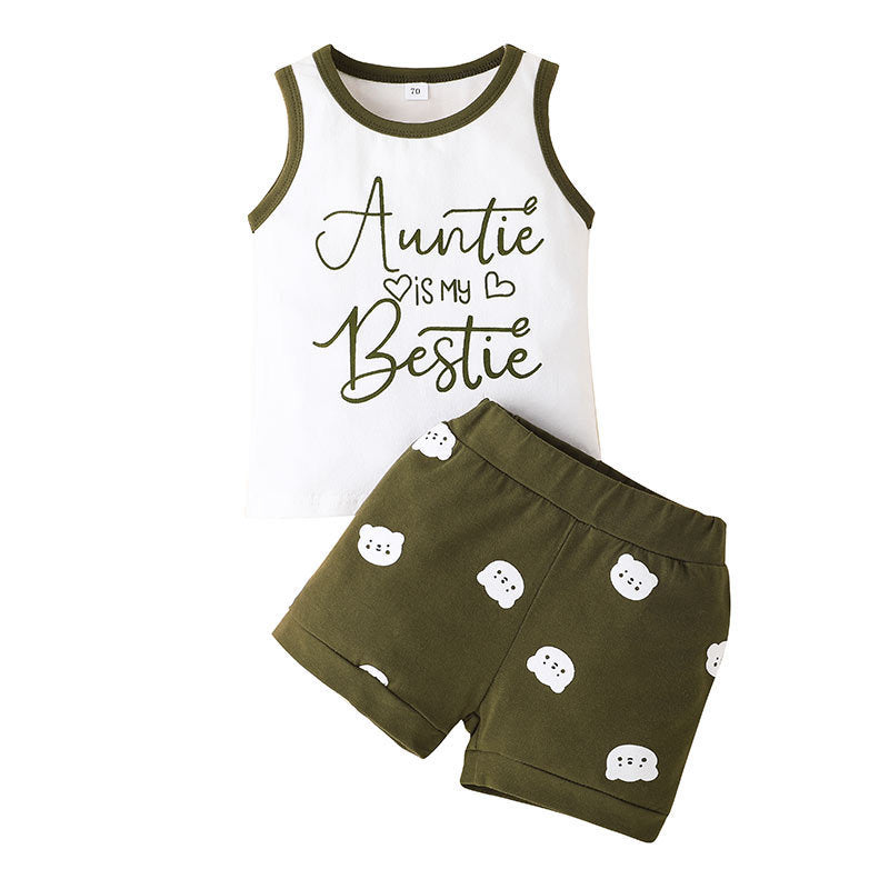 Baby Monogram Vest And Bear Shorts Two Piece Baby Sets - PrettyKid