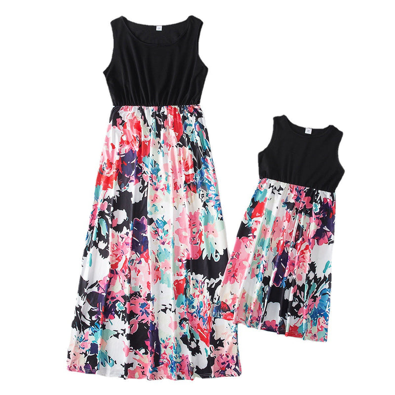 Colorblock Floral Print Floral Sleeveless Wholesale Mommy And Me Dresses - PrettyKid