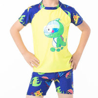 Kid Boy Dinosaur Patten Color-block Swimsuits & Swimming Cap 3 Pic - PrettyKid