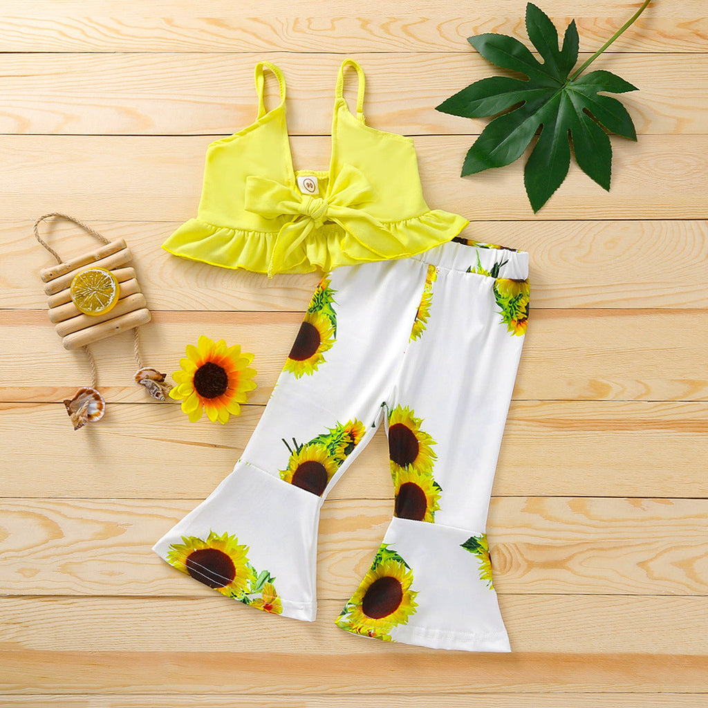 18M-6Y Toddler Girls Clothing Sets Sunflower Print Knot Cami Top & Flared Pants Wholesale Girls Clothes - PrettyKid