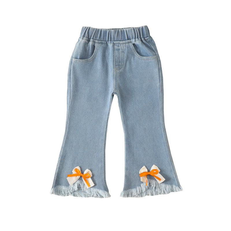 12M-6Y Bow Denim Flared Trousers Toddler Girl Wholesale Boutique Clothing - PrettyKid