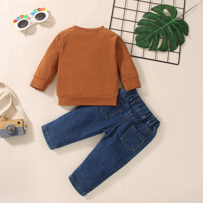 BABE Print Top And Zip Up Jeans Wholesale Baby Boy Clothes Set - PrettyKid