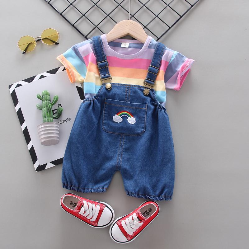 Toddler Girl Rainbow Striped T-shirt & Wing Decor Overalls Children's Clothing - PrettyKid