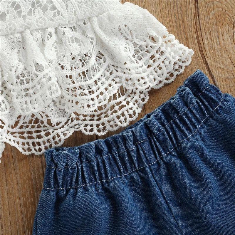 Toddler Girl Lace Braided Halterneck Top & Denim Shorts - PrettyKid