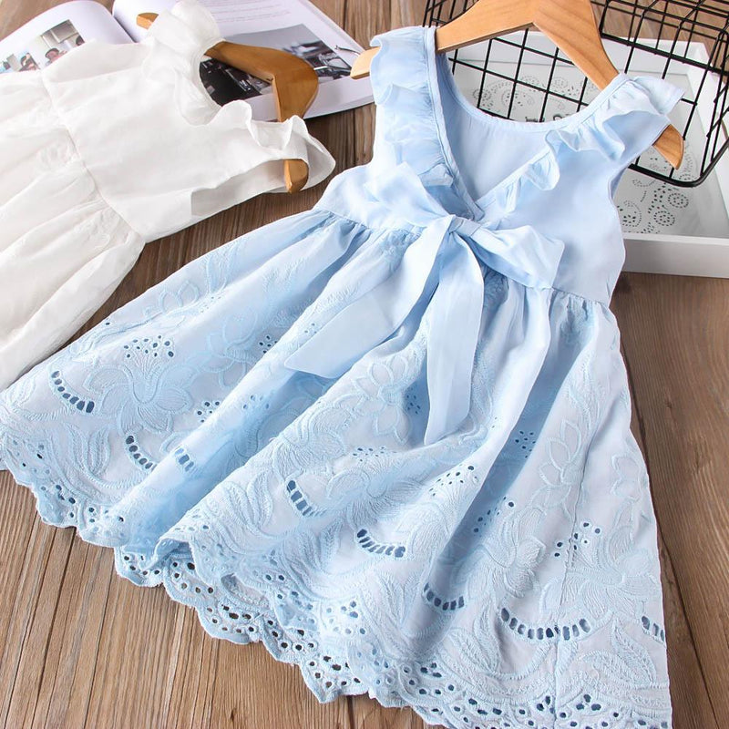 Girl's Solid Color Hollow Embroidered Dress Back V-Neck Princess Dress - PrettyKid