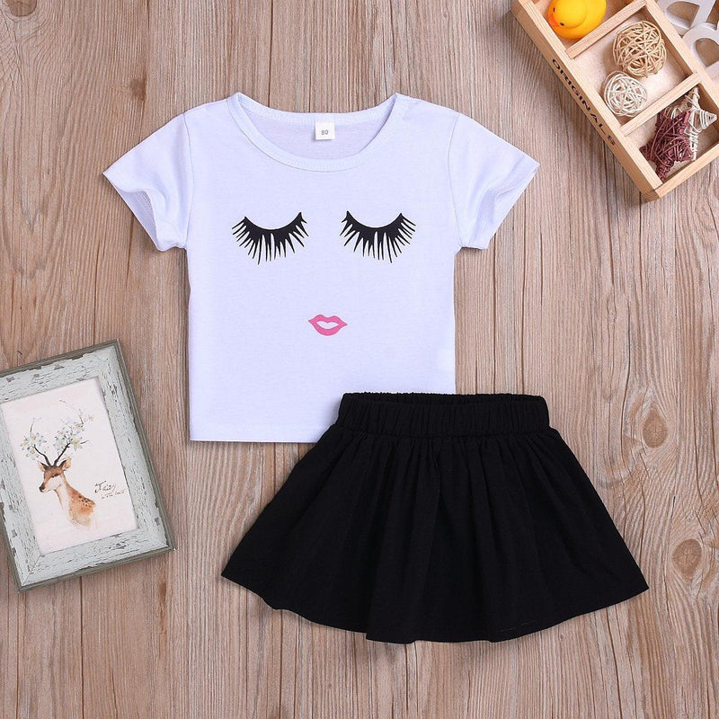 Toddler Girls Cartoon White T-Shirt Black Short Skirt - PrettyKid