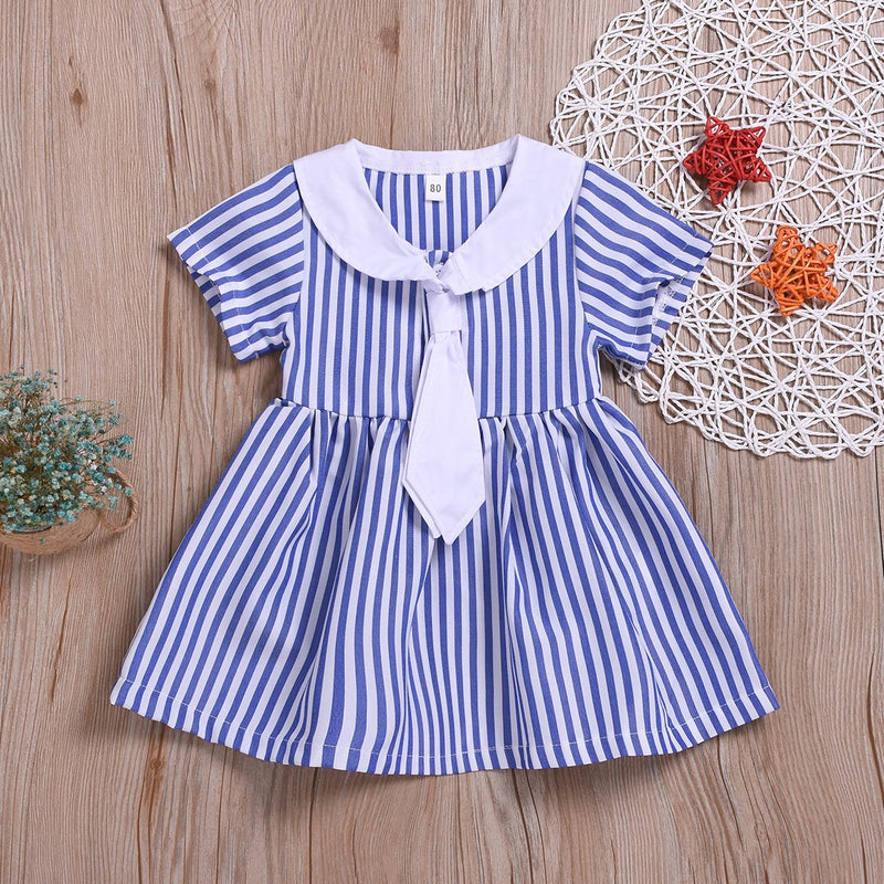 Toddler Girls Blue Striped Doll Collar Princess Dress - PrettyKid