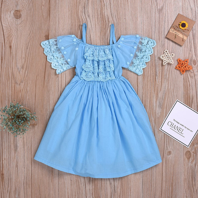 Fashionable Girls Ruffle Trim Solid Color Lace Suspender Dress - PrettyKid