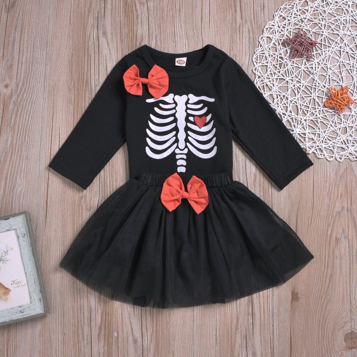 Halloween Girls Bow Long Sleeve Top Mesh Skirt - PrettyKid