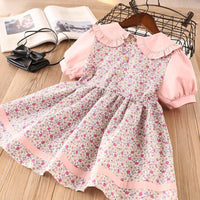 Girls Short Sleeve Floral Lapel Dress Princess Dress - PrettyKid