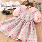 Girls Short Sleeve Floral Lapel Dress Princess Dress - PrettyKid