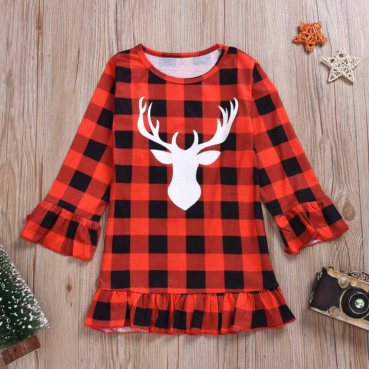 Toddler Girl's Deer Head Plaid Long-Sleeve Dress - PrettyKid