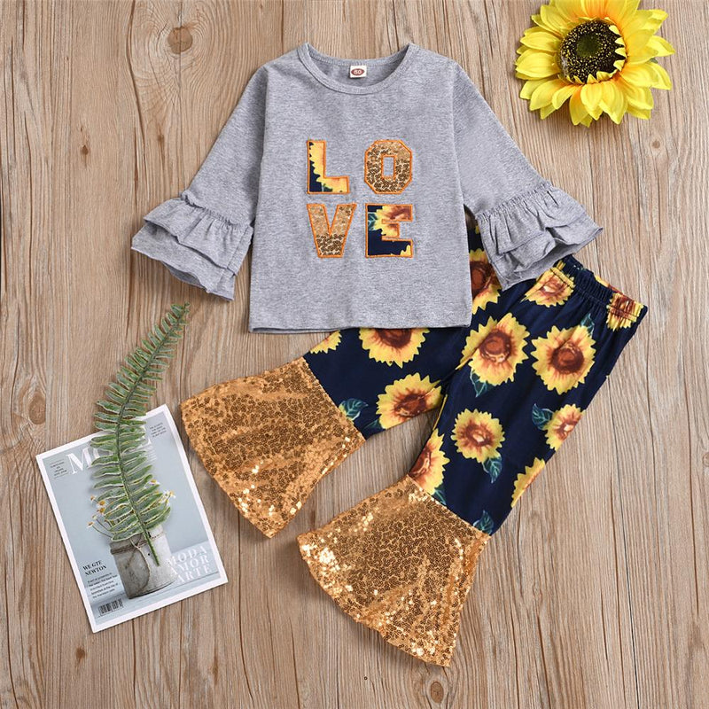 Girls Sunflower Flared Sleeve Love Top & Sequin Bell Pants Wholesale Girls - PrettyKid