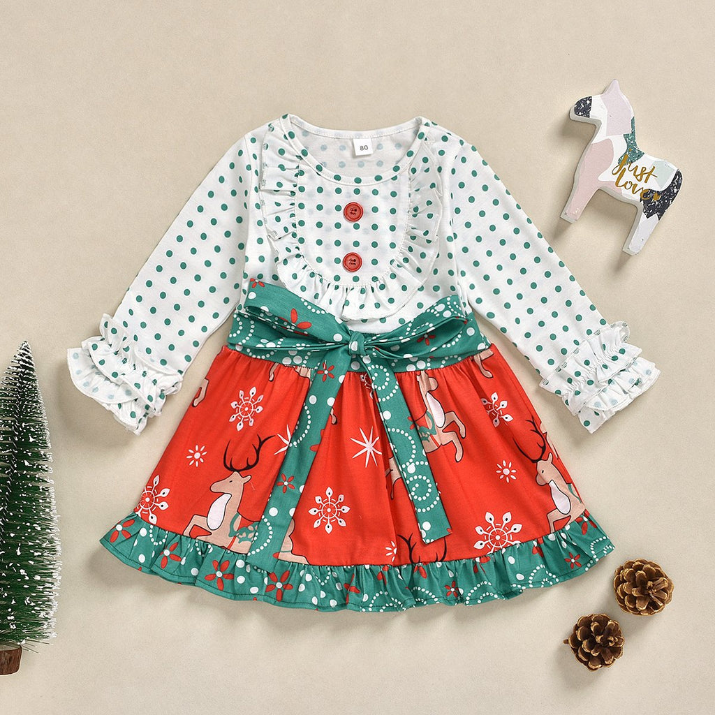 Toddler Girls Polka Dot Print Deer Dress Bow Long Sleeve Dress - PrettyKid