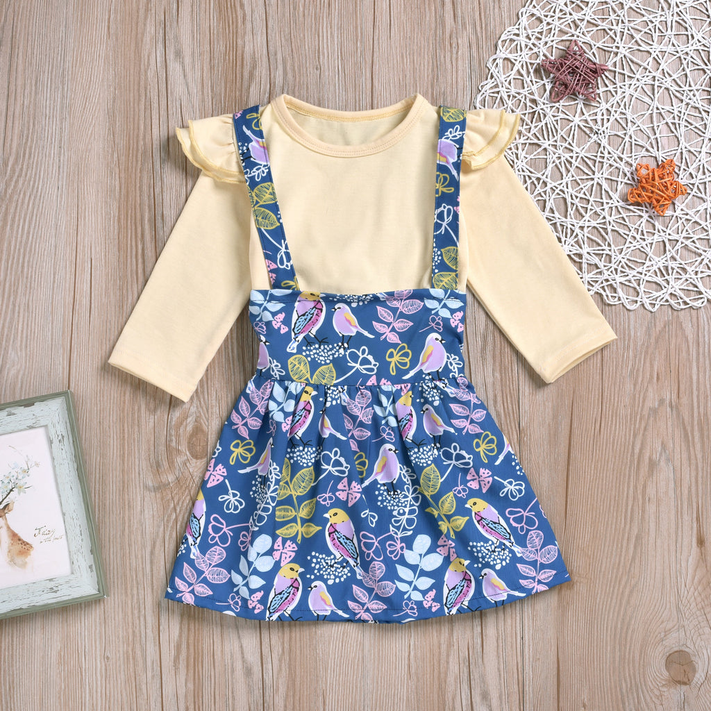 Toddler Girl Long Sleeve T-Shirt Top Cartoon Bird Flower Strap Skirt - PrettyKid