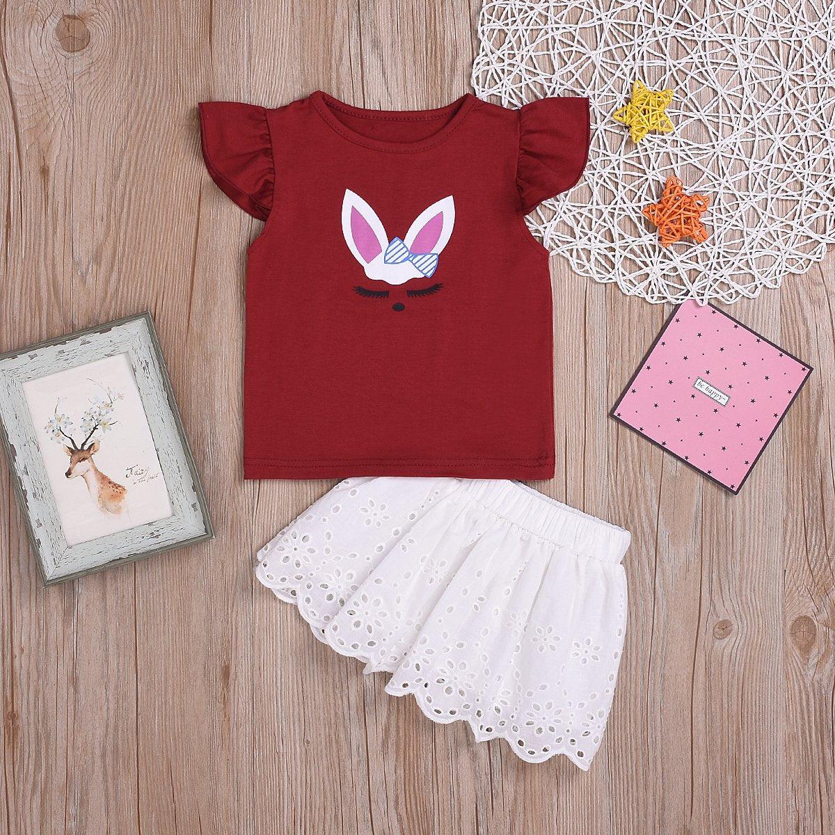 Toddler Girls Cartoon Rabbit T-Shirt Top Lace Skirt Short Skirt - PrettyKid