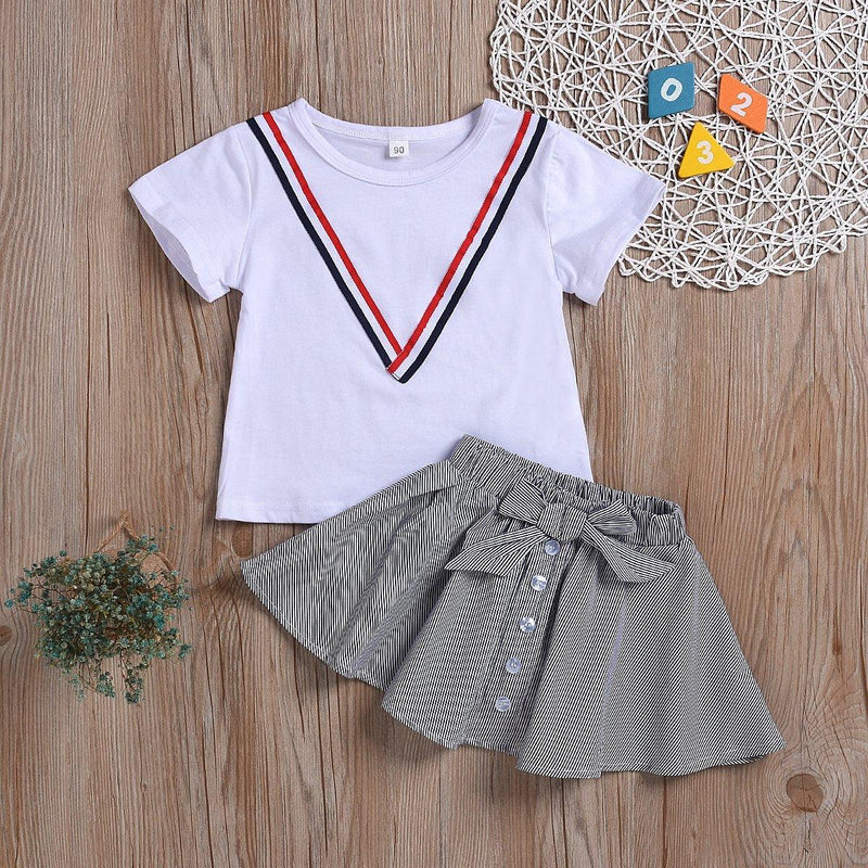 Girls' Preppy Style White Short-Sleeve Top Bow Stripe Skirt - PrettyKid