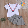 Girls' Preppy Style White Short-Sleeve Top Bow Stripe Skirt - PrettyKid