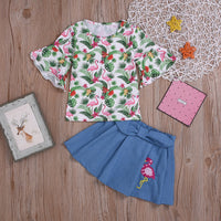 Fashionable Girls Flamingo Top & Denim Skirt - PrettyKid