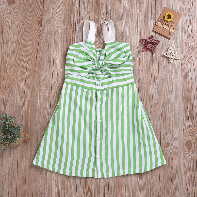 Toddler Girls Green Striped Princess Dress Bow Suspender Dress - PrettyKid