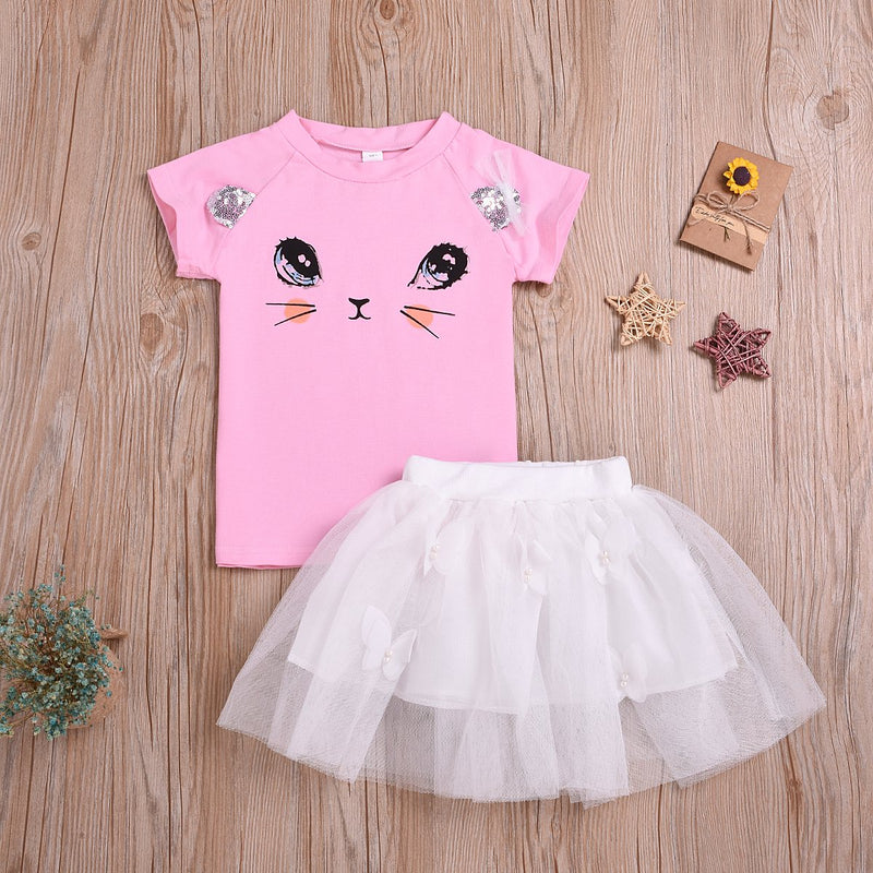Girls Cute Short Sleeve Cat T-Shirt Mesh Princess Skirt - PrettyKid