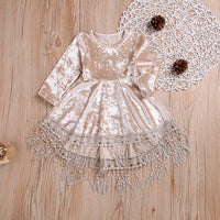 Toddler Girls Gold Velvet Long Sleeve Dress Lovely Lace Fringed Dress - PrettyKid