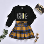 Girls Chic Long Sleeve Crew Neck Top & Plaid Skirt Girls Clothing Wholesalers - PrettyKid