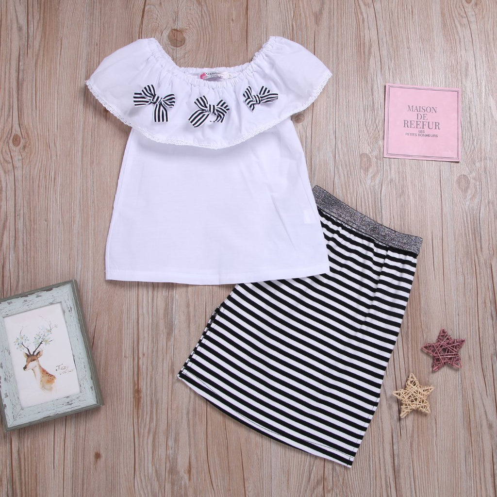 Fashionable Girls One Word Collar Ruffle Top & Stripe Skirt - PrettyKid