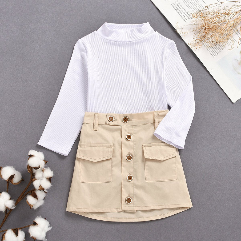 Fashionable Girls Solid Color Half Turtleneck Knit Top & Pocket Skirt - PrettyKid
