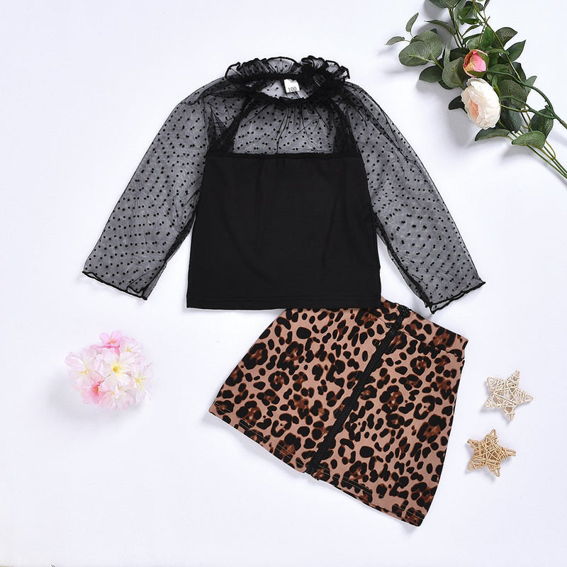 Fashionable Ruffled Collar Long Sleeve Top & Leopard Zip Skirt - PrettyKid