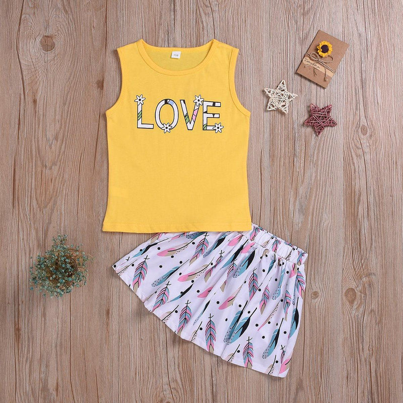 Toddler Girl Sleeveless Letter Print Top Cartoon Feather Printed Skirt - PrettyKid