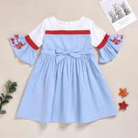 Girl's Light Blue Trumpet Sleeve Dress Embroidered Princess Skirt - PrettyKid