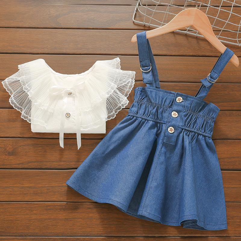 2-piece Solid Lace Blouse & Dungarees for Toddler Girl - PrettyKid