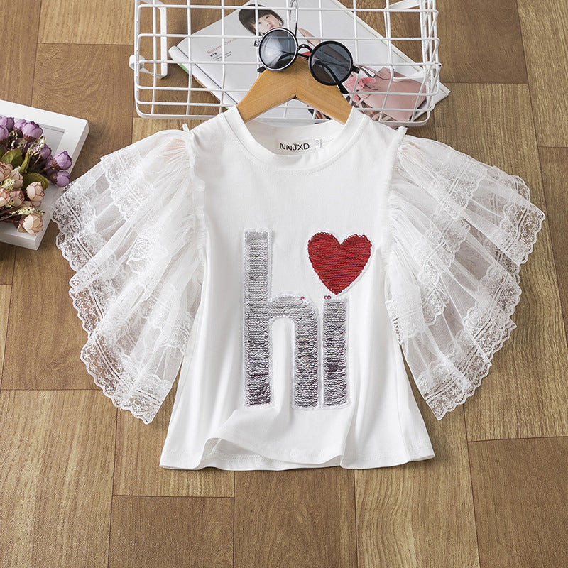 2-7Y Toddler Girls Letter Sequins Lace Sleeve Top Cheap Little Girl Clothes - PrettyKid