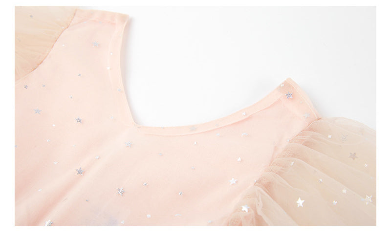 Kids Girls Solid Star Print V-neck Mesh Stitched Dress - PrettyKid