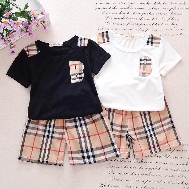 Classic Plaid Letter Short-sleeve Tee and Shorts Set Children's clothing wholesale - PrettyKid