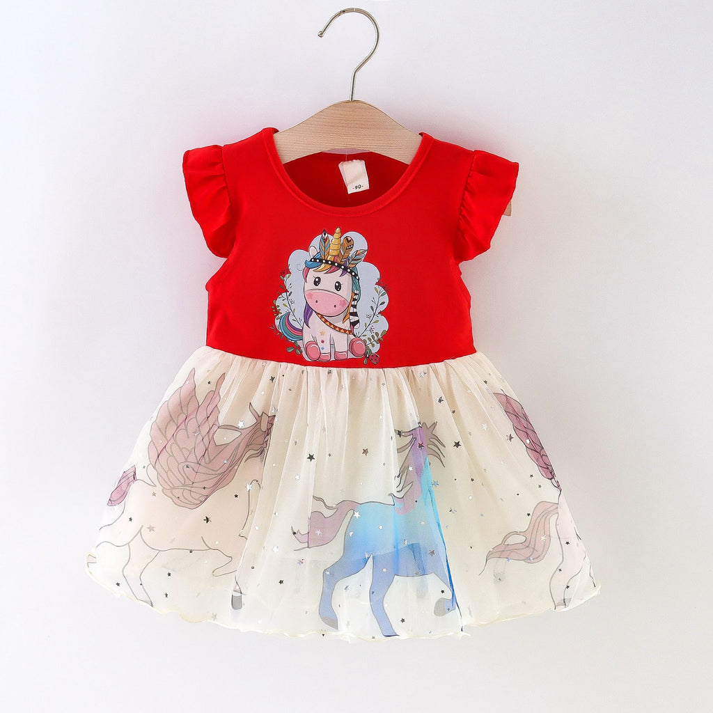 Cartoon Unicorn Print Star Mesh Baby Girl Summer Dress - PrettyKid