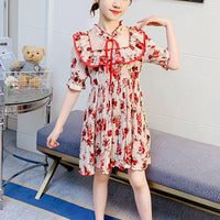 Girl Floral Print Ruffle Trim Chiffon Dress Children's Clothing - PrettyKid