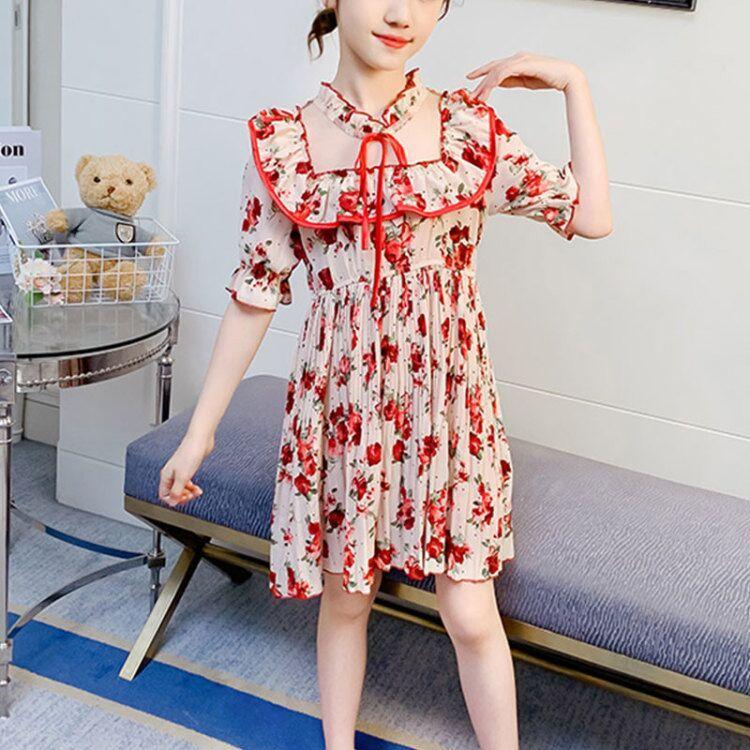 Girl Floral Print Ruffle Trim Chiffon Dress Children's Clothing - PrettyKid