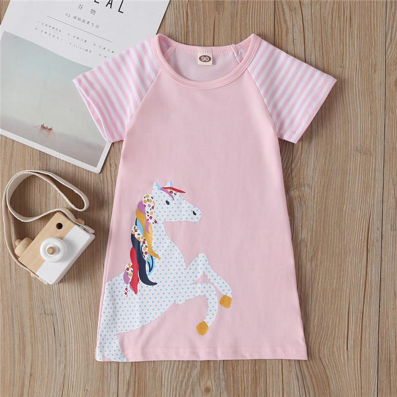 Short-Sleeve Striped Horse Print Dress - PrettyKid