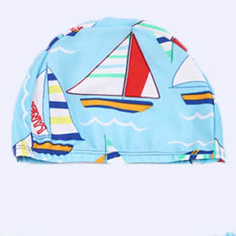 Kid Boy Cartoon Sailboat Patten Swimming Trunks & Swimming Cap 2 Pic - PrettyKid