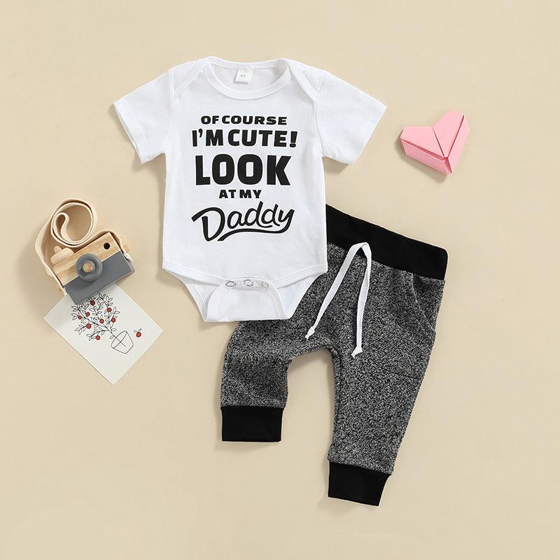 Baby Boys Letter Print Jumpsuit And Colorblock Trousers Two Piece Baby Sets - PrettyKid