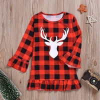 Toddler Girl's Deer Head Plaid Long-Sleeve Dress - PrettyKid