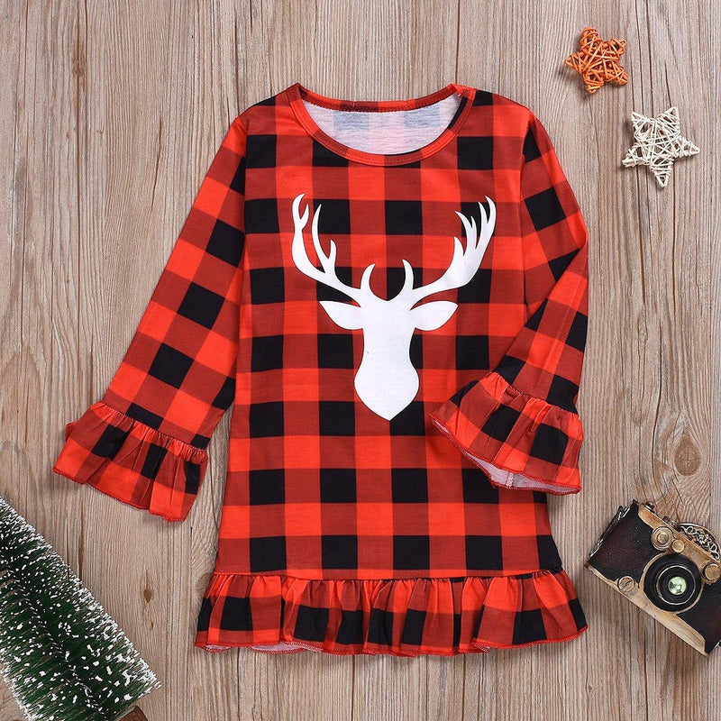 Toddler Girl's Deer Head Plaid Long-Sleeve Dress - PrettyKid